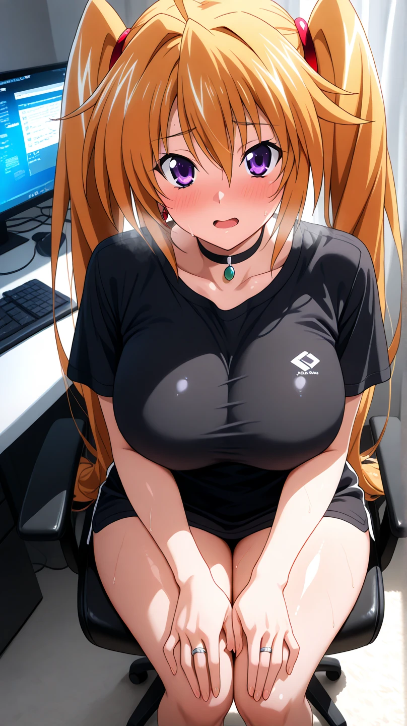 (masterpiece), (highest quality), (illustration), (super detailed), (high resolution), absurdity,1boy,solo,headphones,gaming chair,computer keyboard,desk,game controller,holding game controller,indoors,monitor,looking at viewer,sleeveless black shirt,navel,medium hair,orange shorts,mind control,hypnotized,empty eyes,blush,curvy,big breasts,two_tone hair,black hair,blonde hair,triangle pendant