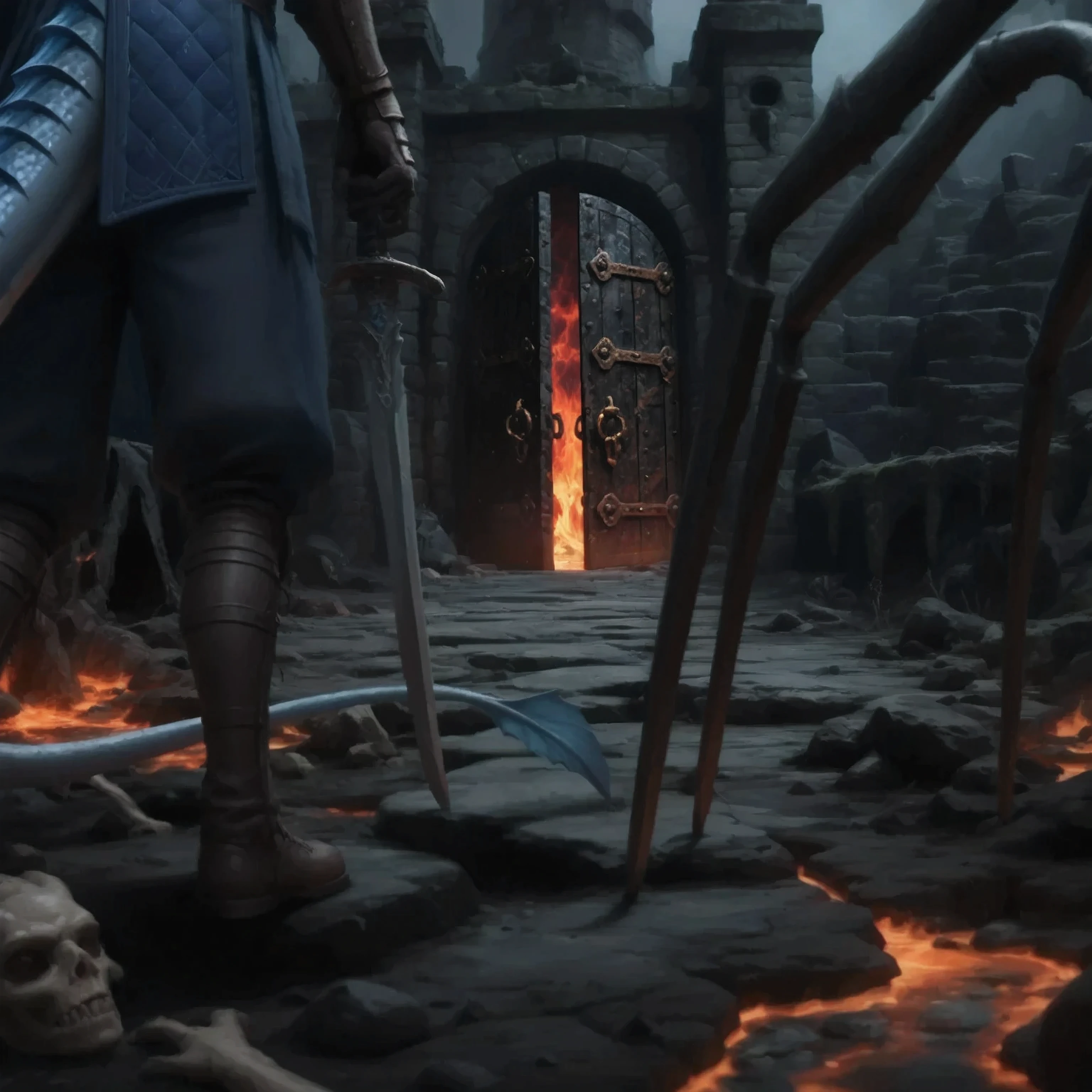 In the background is a stone fortress with towering walls and a large iron gate, that are slightly ajar, revealing intense,  fiery light , pouring from within. Lava spills along the sides of the stone bridge leading to the gate to the fortress. The paved path cracked, with molten lava, visible through cracks. in the foreground, Figure, A cedar with a long thick tail and dark blue-gray leather dressed in brown leather boots and bracers, dressed in blue quilted fabric. standing on top of a rock, ready for action, while thin, , the blue scaly tail can be seen emerging from under the tunic. right, world masterpiece theater long,  slim, chitinous limbs suggest the presence the arachnid creature Gwendoline. The atmosphere is intense and ominous, accentuated by shadows and dead with the blazing flames, that throw a terrible glow on the stone structures. highest detail. high sharpness. Muted bluish and dark shades.