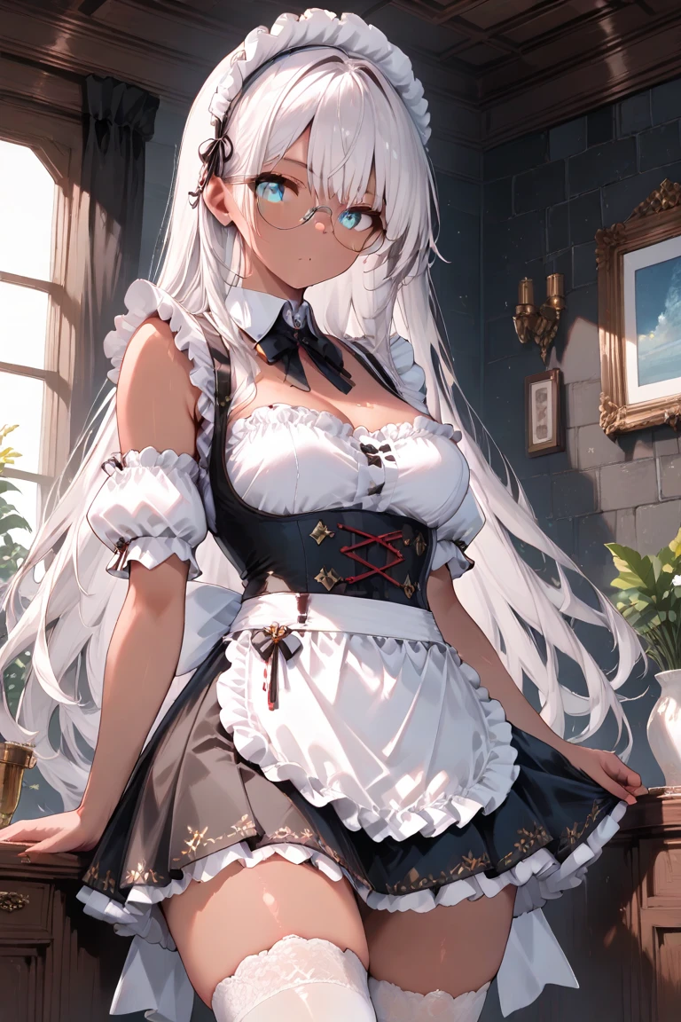 ((dark skin)) (solo Dreadlocks:1.3 silver hair long hair immensely beautiful dark elf woman, detailed silver eyes, soft smile, small tits), (in a cute Maid clothes), (standing bed side), BREAK, (in the Hospital room), perfect anatomy, masterpiece, best quality, 16k, beautiful detailed grow, daydreaming expression.