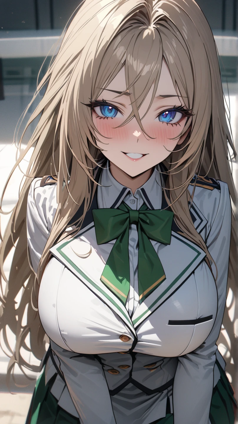 1girl, koichoco school uniform, green jacket, large breasts, breasts, blonde hair, twintails, short hair, green eyes smile , upper body <lora:koichoco-v1:1>