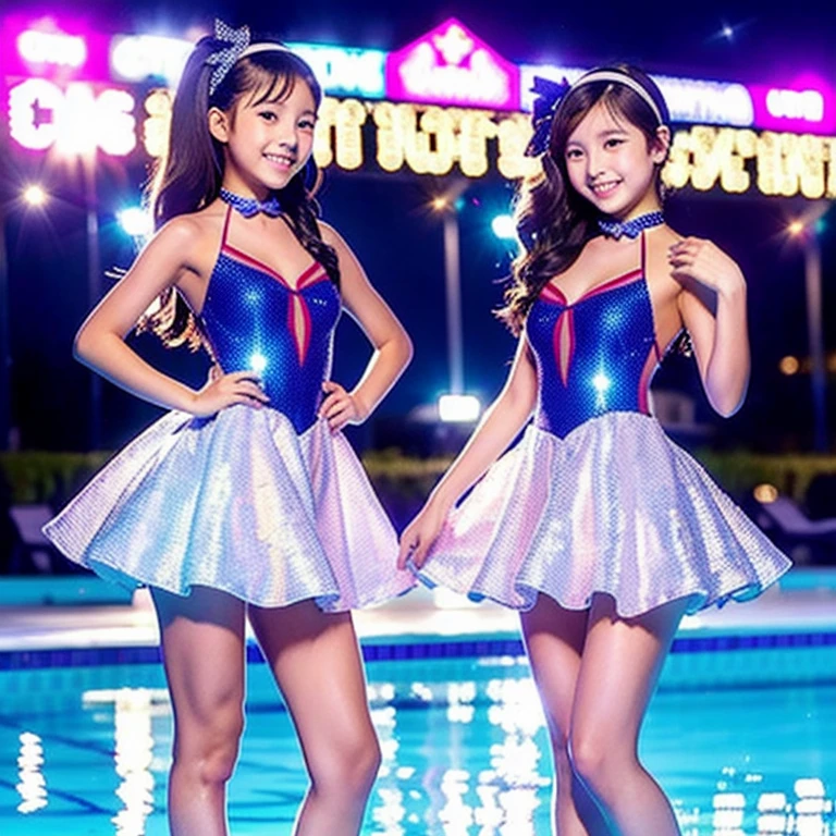 Indoor swimming pool on the 180th floor of the gate of Shanghai Tower,Sports Center,There were five little girls wearing openwork translucent stockings,Pouting and smiling,is shy,Pout,Pink, gold, White, Blue, Five colors, Two-tailed hair and cyan eyes,Anime little girl in servant costume