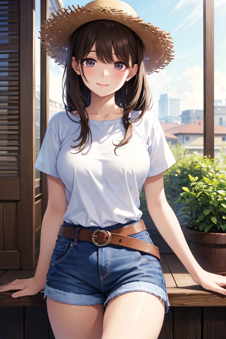 In a private institute for women, a beautiful female student, summer, midday, in the halls of the weekend school, summer atmosphere, smiling, flushed face, winking, back turned, looking over her shoulder, clear sky, large windows, forest and mountains in the background, /(Extremely long straight hair styled in a ponytail, big eyes, hourglass athletic body, big chest, medium hip, medium waist, shapely legs, perfect fingers, Greek nose, perfect hands, triangular face,), /(Casual clothes: mid-hip denim pants, off-shoulder baggy top t-shirt, hair brooch, earrings, bracelet, necklace, medium stiletto shoes,)
