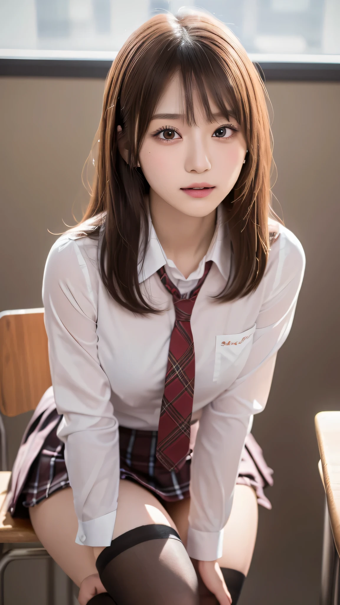 (very high resolution:1.3),8k,(detailed photos:1.5),(detailed face and skin:1.3),(super high resolution:1.5),(photorealistic:1.5),clear symmetrical eyes,well-groomed face,(ray tracing:1.3) ,1girl, Japanese,schoolgirl,(wearing Japanese high school uniform:1.3),(girls' high school uniform:1.3), BREAK (Introducing the Uniform),(Detailed Light Pink Silk Blouse:1.1),(Tartan Check Mini Skirt:1.1),(Black Knee High Socks),(black loafers),masterpiece, top quality, very detailed,classroom,Black Medium Straight Hair,Focus Full Body,cinematic lighting,(Blush:1.3),(Panty stains:1.4),Big breasts,blur the background,