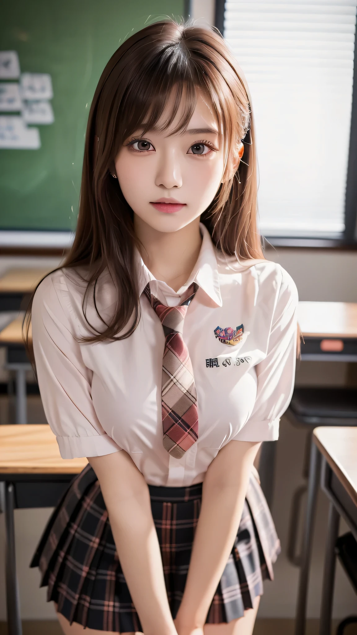masutepiece, Best Quality, One girl, (Beautiful Girl:1.3), (16 years old:1.2), Very fine eye definition, (Symmetrical eyes:1.3), ((NSFW)), (School uniform,  Cute skirt:1.3), Beautiful breasts, Brown eyes, Parted bangs, Brown hair, Upper teeth