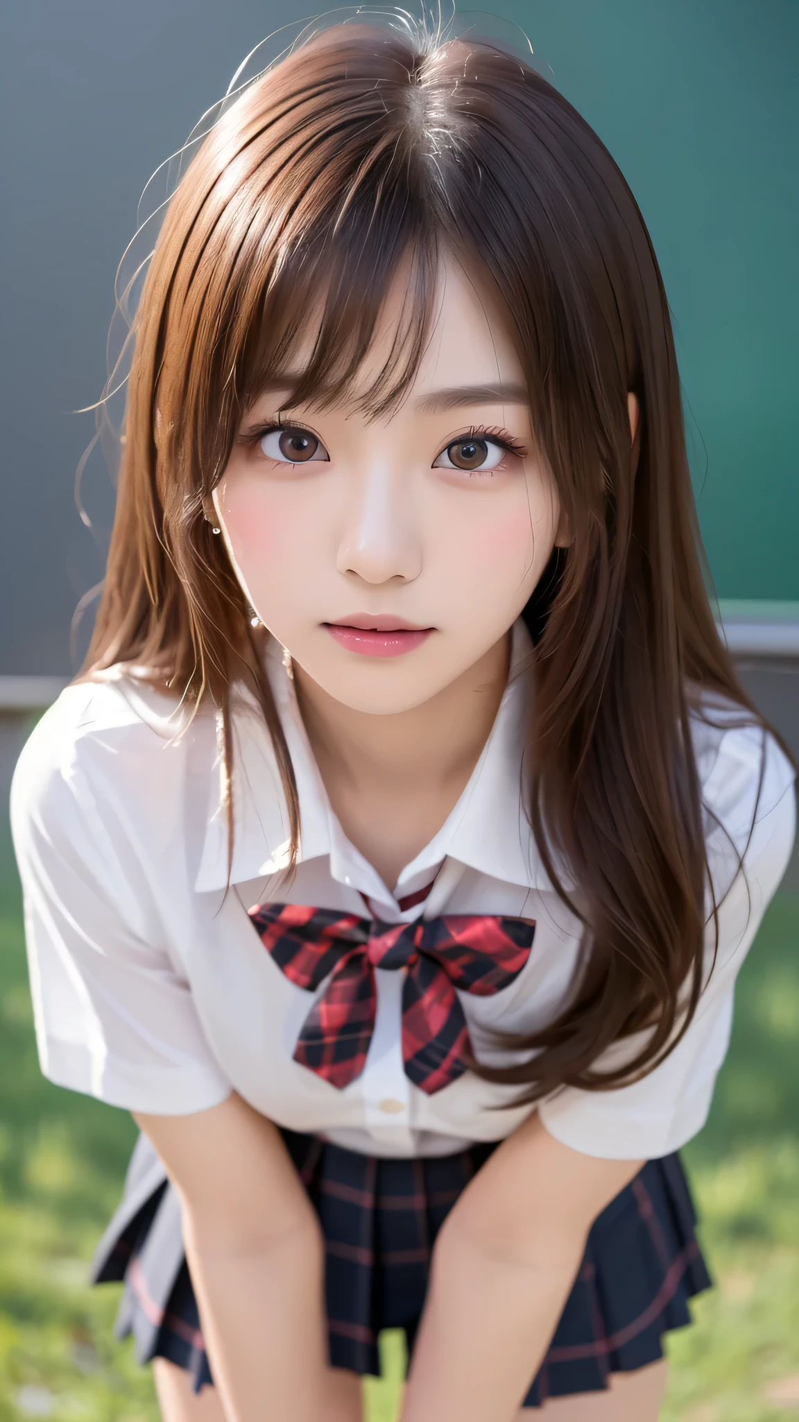 (very high resolution:1.3),8k,(detailed photos:1.5),(detailed face and skin:1.3),(super high resolution:1.5),(photorealistic:1.5),clear symmetrical eyes,well-groomed face,(ray tracing:1.3) ,1girl, Japanese,schoolgirl,(wearing Japanese high school uniform:1.3),(girls' high school uniform:1.3), BREAK (Introducing the Uniform),(Detailed Light Pink Silk Blouse:1.1),(Tartan Check Mini Skirt:1.1),(Black Knee High Socks),(black loafers),masterpiece, top quality, very detailed,classroom,Black Medium Straight Hair,Focus Full Body,cinematic lighting,(Blush:1.3),(Panty stains:1.4),Big breasts,blur the background,