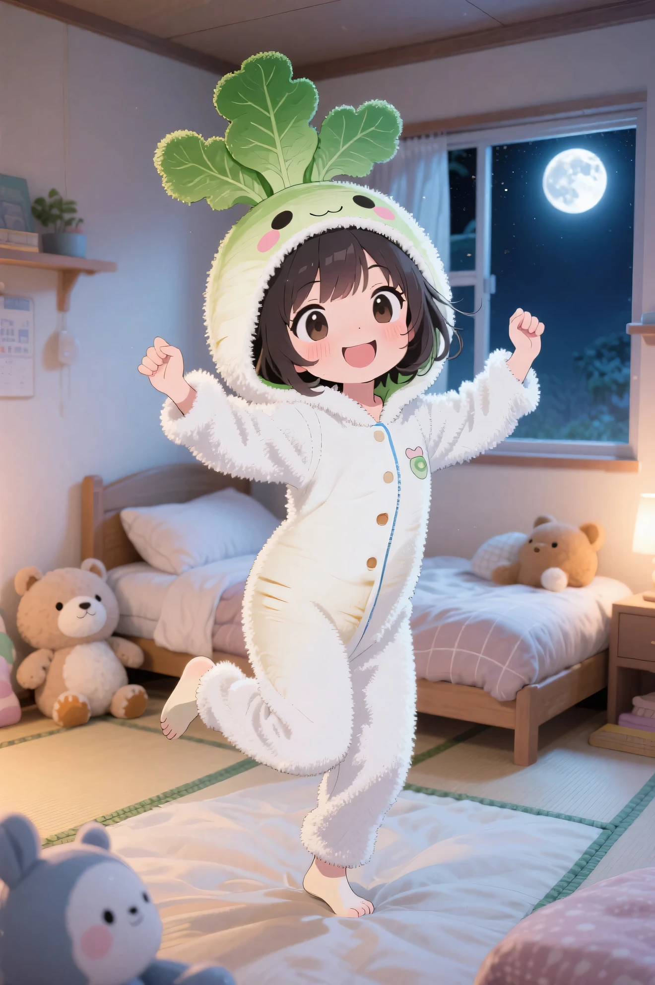 top quality、anime style、masterpiece、deformed little character style、a girl wearing a daikon costume dancing happily in her bedroom It's there、pajamas have a white radish body with a green leaf hood、fluffy and fluffy material、the girl poses with a smile、stuffed animals and futons in the room、warm space with gentle lighting、Cute interior、moonlight shining through a small window、cute atmosphere in the room