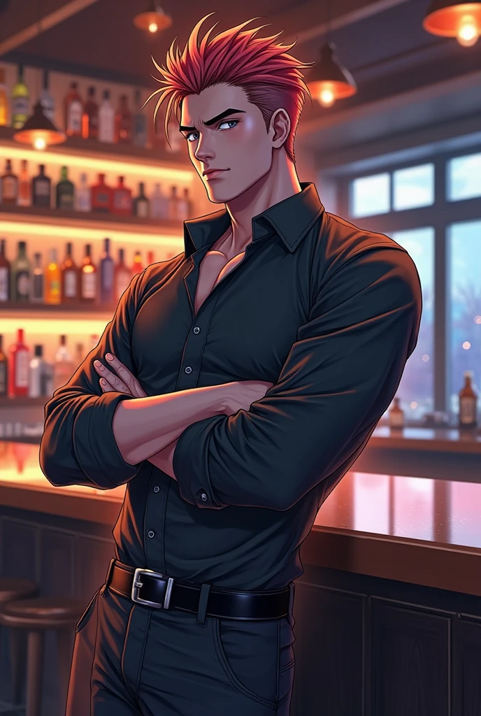 「Single male, Anime-like facial features、muscular and wearing a tie, suspenders, Shines(Shirtless with sweaty blood vessels floating)The appearance of the body and face of the American, Emphasis on the crotch,Hairs growing below the navel,Pose crossed arms at the bar.Create a high-quality illustration based on this description."
