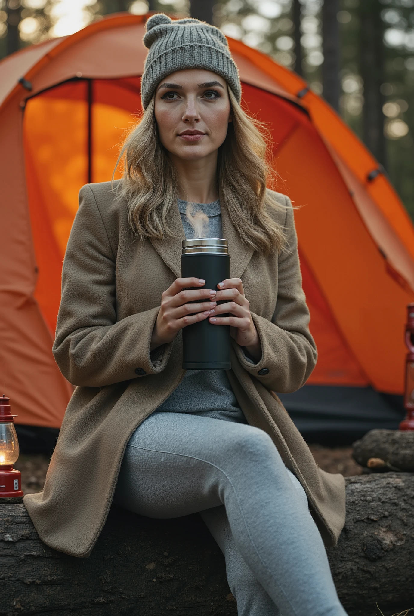 Gal Gadot A professional outdoor photograph of a beautiful young blonde camping in the woods; Asian woman; her wearing a wool coat , gray fleece sweatpants and hat ; She's sitting outside her orange tent on a wooden log; she is holding a thermos; a camping lantern with light next to her ; winter season ; cozy environment; sunset; sunset light; backlighting; depth of field; intricado detalhado