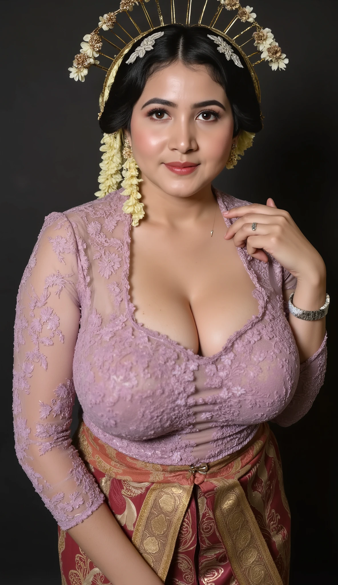 A beautiful indonesian mom 45s has sexy hot mommy mature milf plump body, dressed in traditional Javanese formal attire, She wears a wearing a pink kebaya with gold ornament , paired with a beautifully patterned batik kain in earthy tones . His outfit is completed with a gold-accented hijab, reflecting Javanese culture. Dark photo studio background. She is looking at the viewer with bright and loving eyes. She is leaning forwardal. Close-up of sexy body, very detailed. Soft, professional lighting highlights the textures of the outfit. Hasselblad H6D-400c MS, low exposure, big breast, huge breast, big arms, high contrast, ISO 100, with a 120mm macro lens. bulky belly, bulky breast, milky breast, breast larger than head, huge breasts, wrinkled breast, veiny breasts, lactating, montgomery glands, bright skin, gigantic breast, fat super breast, huge triplet breast, massive nipples, massive gigantomastia, macromastia, inverted nipples, exaggerated gigantic areolas, dark areolas, areolas visible, jiggling breasts, plump lips, ultra detailed breasts, saggy breasts, standing model pose 3/4 body, breast moles, mega cleavage. Closed up.