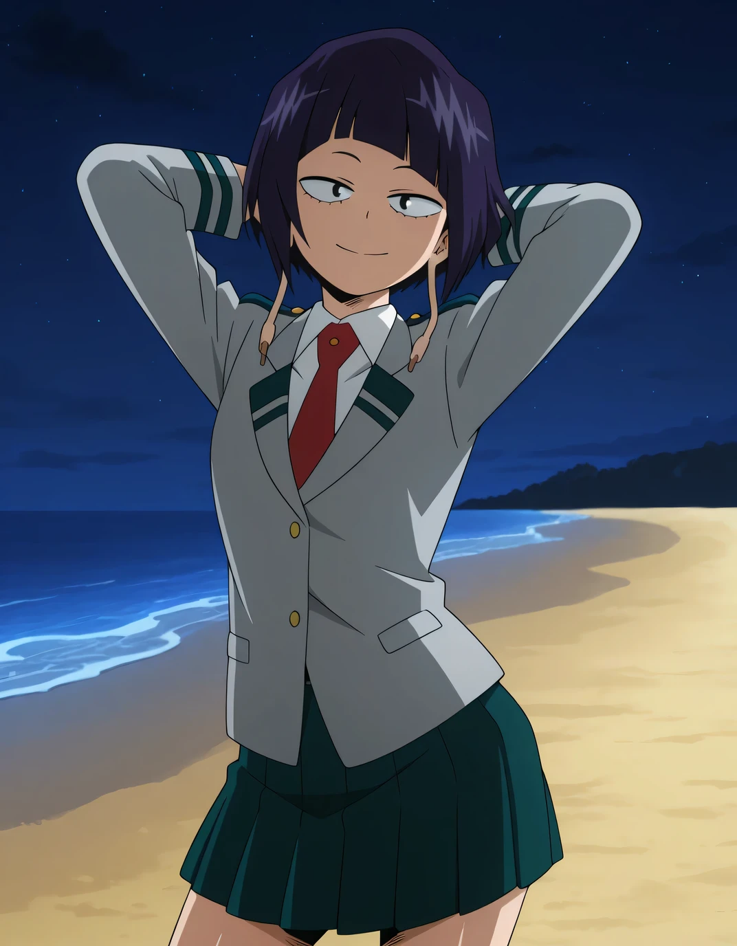 illujiro, short hair, bangs, long earlobes, purple hair, black hair, black eyes,
u.a. school uniform, red necktie, jacket, pleated skirt, anime screencap, shiny skin, high quality, solo, night sky, beach, hands behind head, ((contrapposto)), closed mouth, cowboy shot, looking at viewer, smile, best quality