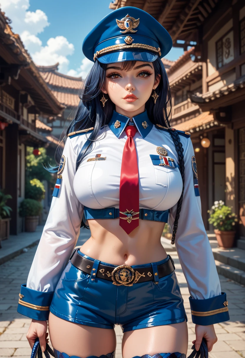 (April girl with beautiful lines wear :1.3),(hyper method :1.3),(gigantic breasts with future:1.2), (melt uniform with secret emblem:s1.3),(beautiful shiny skin:1.3),(bangs:1.2),(blue hair color:1.2),(empty hurt:1.3)