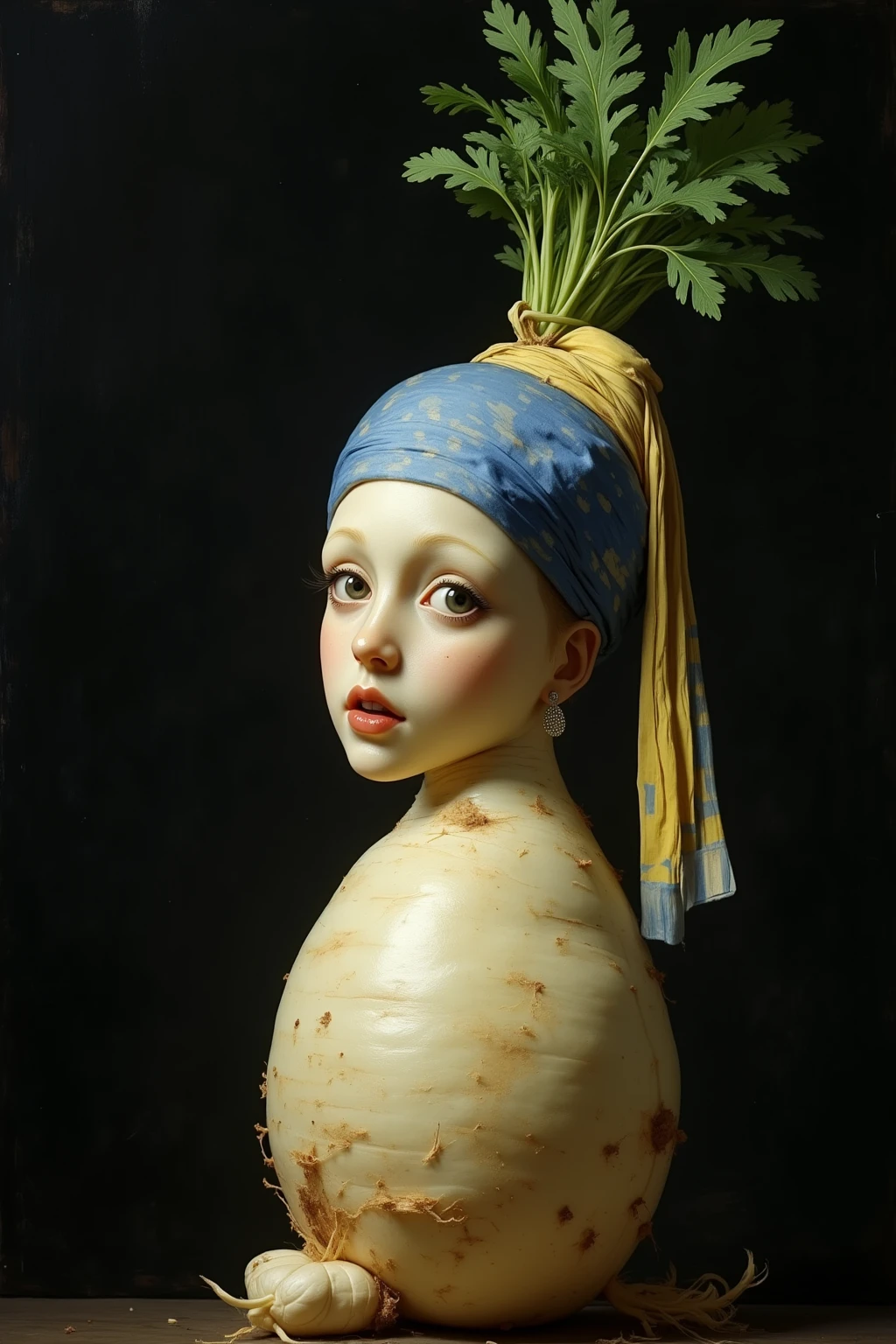 Close up of a daikon radish dressed as Girl with a Pearl Earring, realistic daikon skin, leafy green sprigs from top, Big round face, comics, Vermeer parody, renaissance cosplay, pale skin texture, parted lips, earring, looking over shoulder, yellow-blue head wrap, into one eye, Daikon in style, posing like a painted portrait, classic oil painting background, sling, soft light, muted tones, refined details, painted black backdrop
