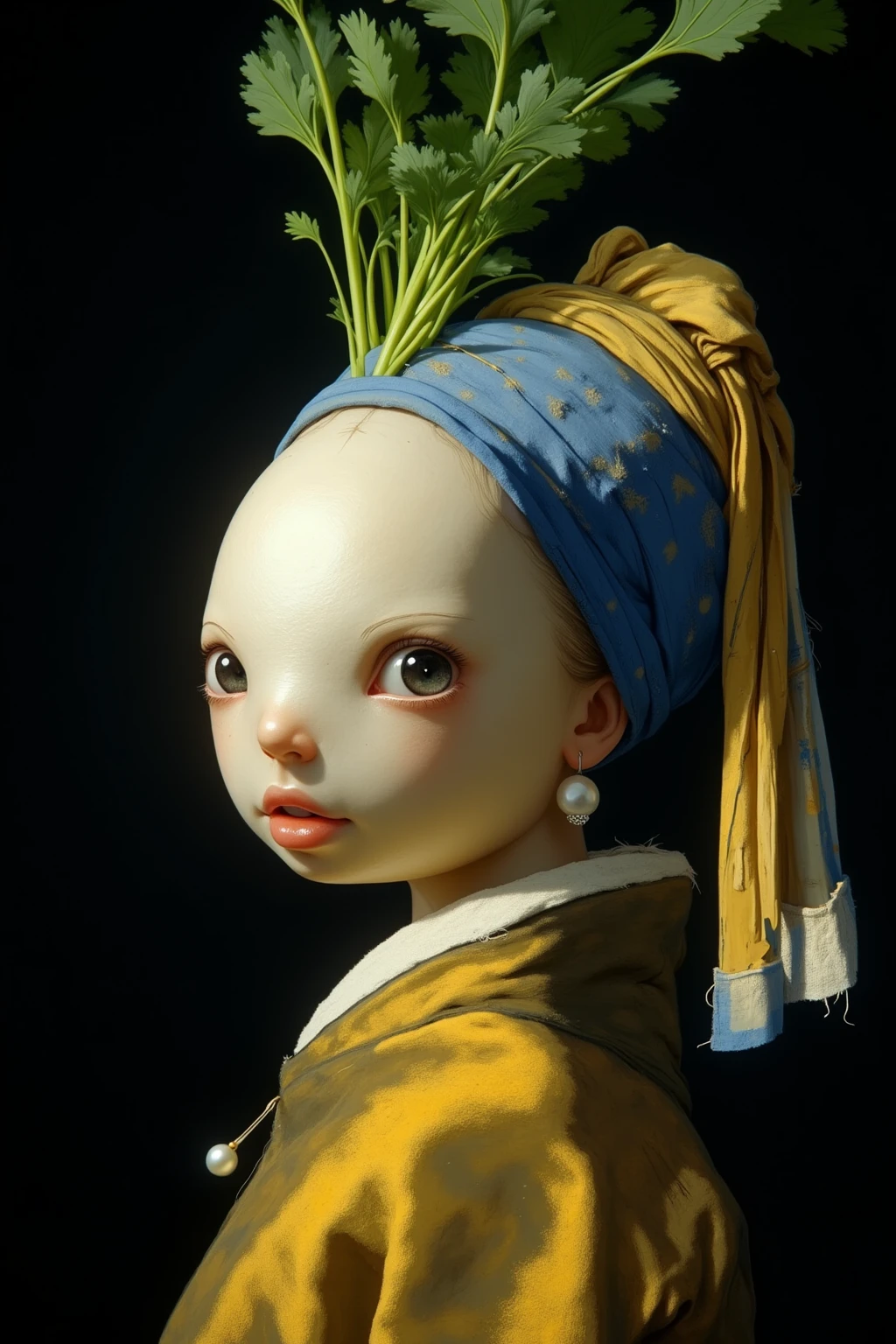 Close up of a daikon radish dressed as Girl with a Pearl Earring, realistic daikon skin, leafy green sprigs from top, Big round face, comics, Vermeer parody, renaissance cosplay, pale skin texture, parted lips, earring, looking over shoulder, yellow-blue head wrap, into one eye, Daikon in style, posing like a painted portrait, classic oil painting background, sling, soft light, muted tones, refined details, painted black backdrop
