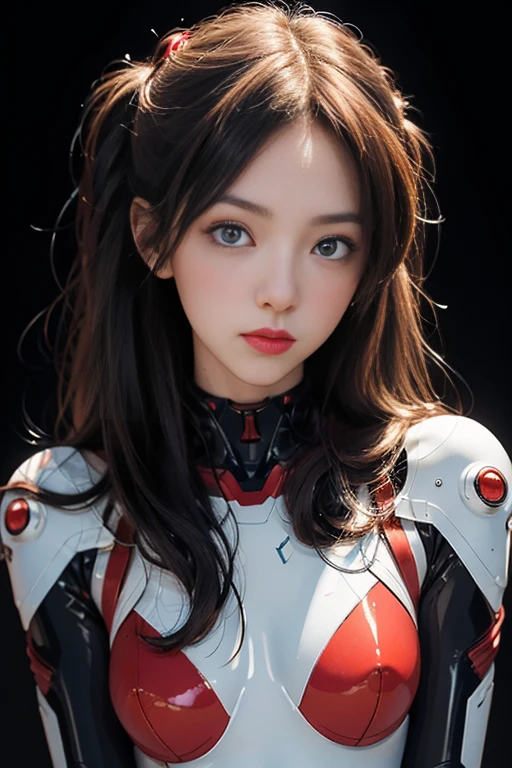 (masterpiece:1.4、highest quality)、(Intricate details)、Unity8k wallpaper、Ultra-detailed、Beautiful and mysterious、Detailed Background、Realistic、solo、Perfectly detailed face、Detailed blue eyes、Very detailed、blush、hair ornaments、Chignon Mahogany Hair、(Blonde)、Plug Suit 02,Shikinami Asuka Langley、Evangelion、Looking at the camera、Look forward、cute、Full Body Suit、Black Background、Large Breasts