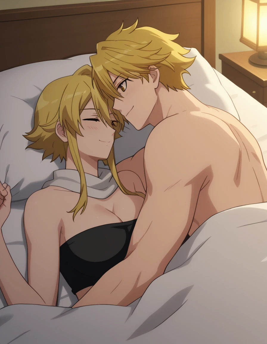 ((Highest quality)), ((masterpiece)), (detailed), （Perfect Face）、The woman is a thief with green eyes, medium-long blonde hair, is naked, and is wearing jeweled earrings and an engagement ring.、The woman embraces the naked man on the luxurious bed in the luxurious room and has sex with him, making love.、The man is a naked, dignified, bearded old man, very wealthy, and wearing an engagement ring.