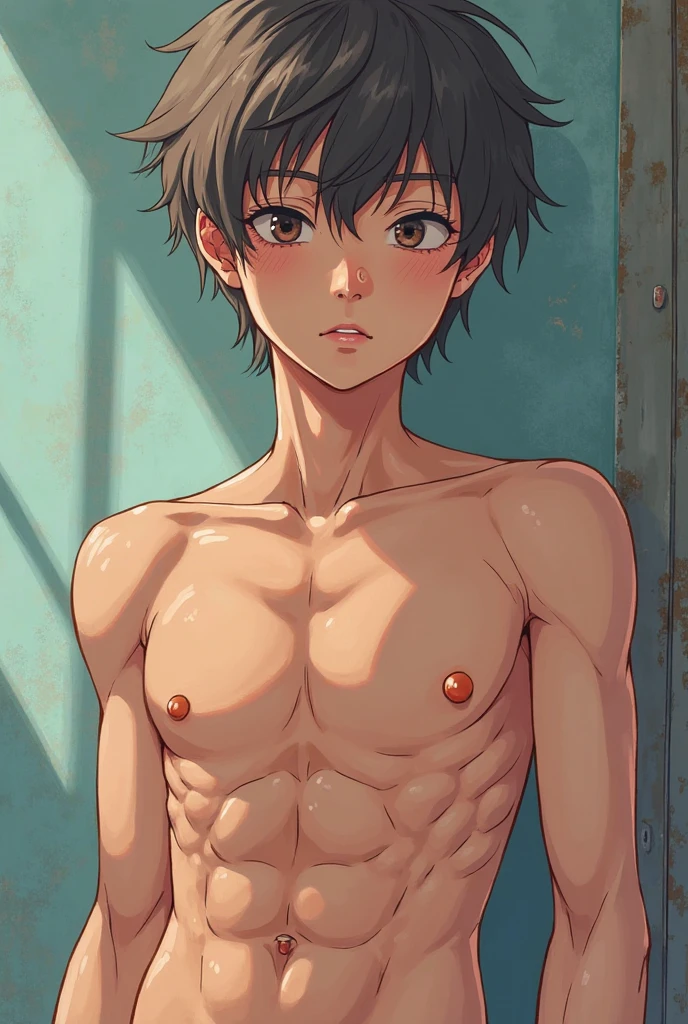 13 year old boy, topless, shirtless, cute baby face, solid body, strong thigh muscles and giant tendons, sweating profusely, wearing triangle underwear, underwear bulging due to his genitals genitals, black underwear says supreme, hands behind back (photo angle from bottom up)