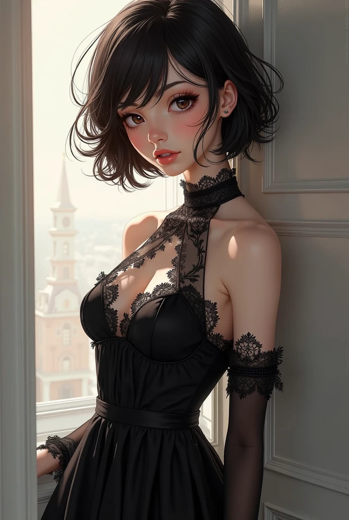 A cute girl in a room, sitting on the couch, beautiful detailed eyes,beautiful detailed lips, short hair, brown hair, extremely detailed eyes and face,longeyelashes,illustration,ultra-detailed,best quality,4k,8k,highres,masterpiece:1.2,ultra-fine painting,sharp focus,professional,vivid colors,portraits, light smile, dark aura