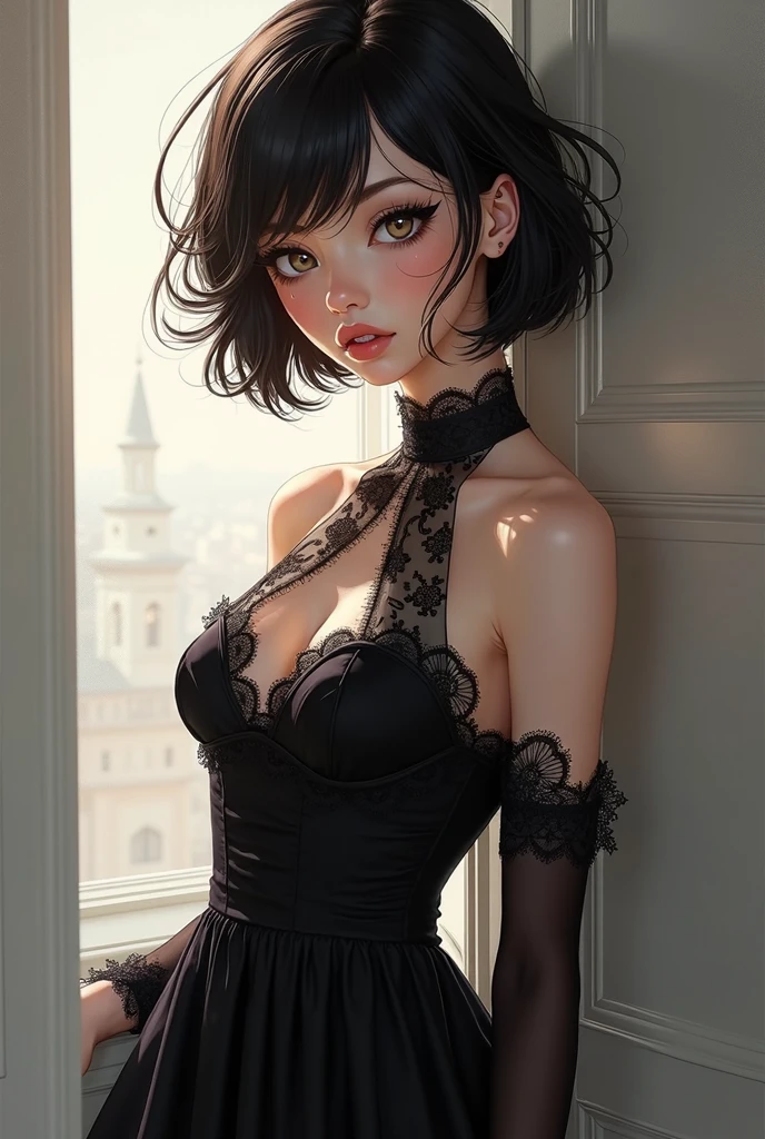 handsome girl, ((beautiful slim teenage girl 18 years old, black hair color [ hair glare], [Pixie Hair Trimmed]), earings, lips, realisti, Narrow waist, Charming, Scarlet lipstick, Colorful make-up, long eyelashes, earings, eye liner, light skin, (pretty), (Detailed Face), A detailed eye, detailed iris