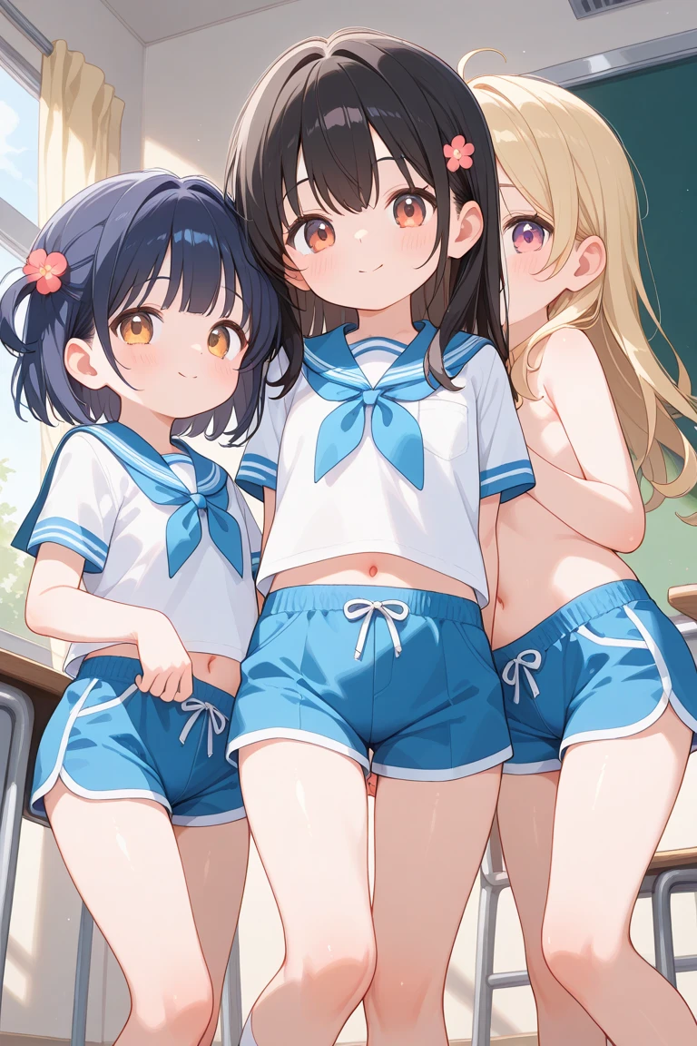 kancolle,1young_teen_girls、loli、brown_hair、short_ponytail, long_bangs、blue_midriff_baring_sailor_uniform、mini_skirt、short_sleeve、thighthighs、big_tits, sleepy, Sorrisos、open_mouth、dynamic_pose, childlike_posing ,harbor,dock_background、spread_legs、happiness、NSFW、short_gloves, (wet:1.4),transparent,covered_nipples, covered_crotch, under_tits, sweat, bare_thighs, large_ass, covered_anal, back_view,(torn_clothes:1.2)