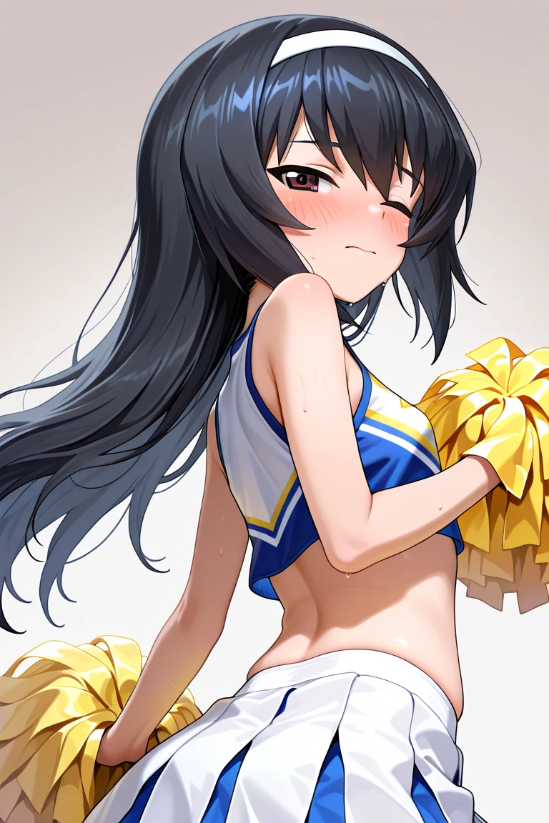 1man and 1woman having sex,hyperrealistic,mature woman,standing doggystyle,rolling up eyes,flying heart-shapes,shaking effect,black hair,open mouth,saliva,shouting bubbles,plump body,gigantic buttocks,buttocks grab,cheerleading costume