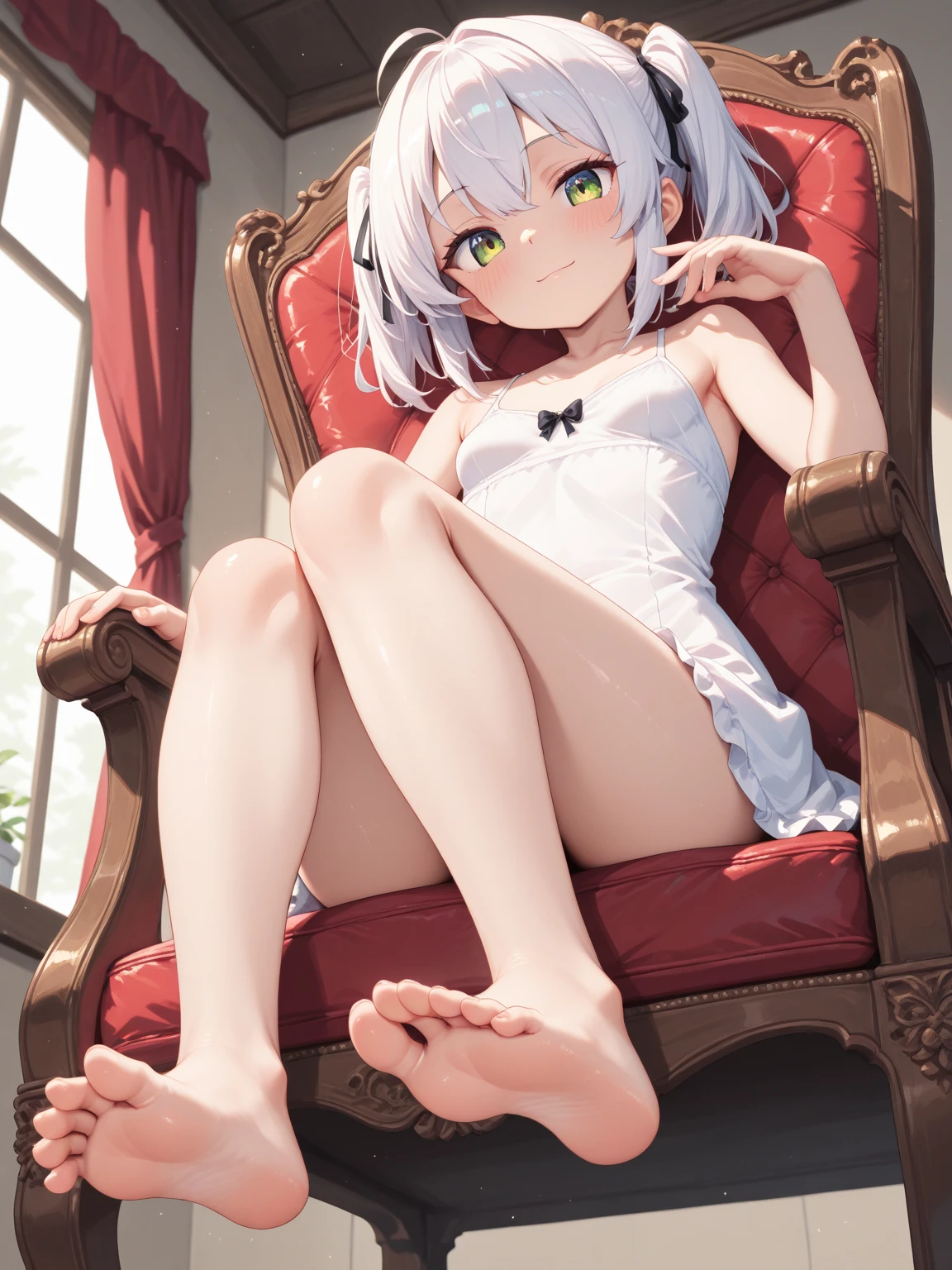 a girl, sexually suggestive, sitting, full color, Long white hair, Red eyes ，Eyeliner, Red, open air, Rose, night, ruins, Butterfly，mine same as the original, mine, , (:1.2) rest, (cheongsam), (view from below), (place one's arms behind one's back), (wild lift), thin dress, ?????? cutout, best quality, high resolution, unified 8k wallpaper, (illustration:0.8), (beautiful and delicate eyes:1.6), extremely detailed face, perfect lighting, Very detailed cg, (perfect hands, perfect ???????), soles of feet，sitting，blond，red lips，Acting cute，Feet close up，Soon，Complete feet，white，close up, ((Nude)), ((?????)), ((from below:1.3)), ((beautiful feet, toes)), ((fully ?????, no clothes)).