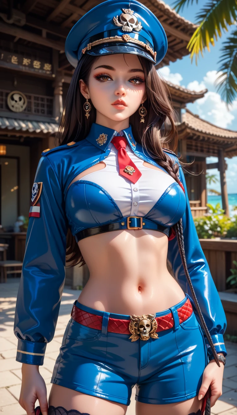 (High quality, masterpieces), One Japanese girl posing cool battle posture, Black long hair, Brown eyes, Beautiful face, Cruel laughter, Midnight-blue military cap, Midnight-blue leather short military-style bolero with long sleeves, A white crop top shirt with a red narrow tie, Big breasts, bare in her abdomen, Exposing skin around navel, Low waist short pants made of midnight-blue leather with a belt, Python skin pattern stockings covering whole legs, Short boots made of midnight-blue enamel, Equipped with a long whip, Rocky place on the cliff