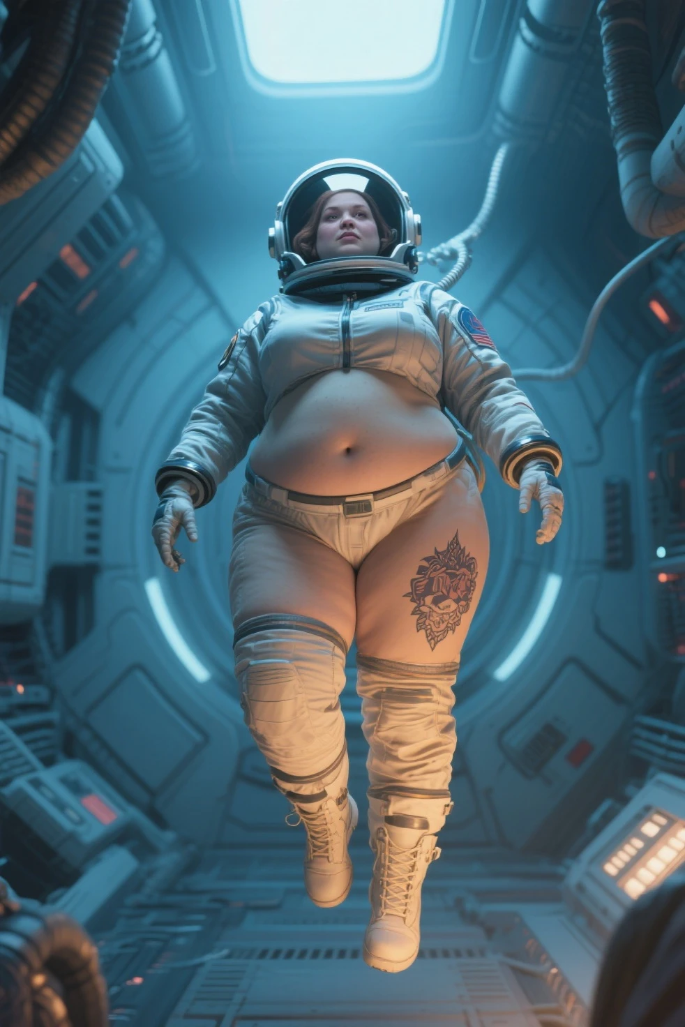 Fat woman on moon base corridor, blonde hair in s1999unf uniform,red left sleevecowboy shoot,artifical lights,diffuse illumination
