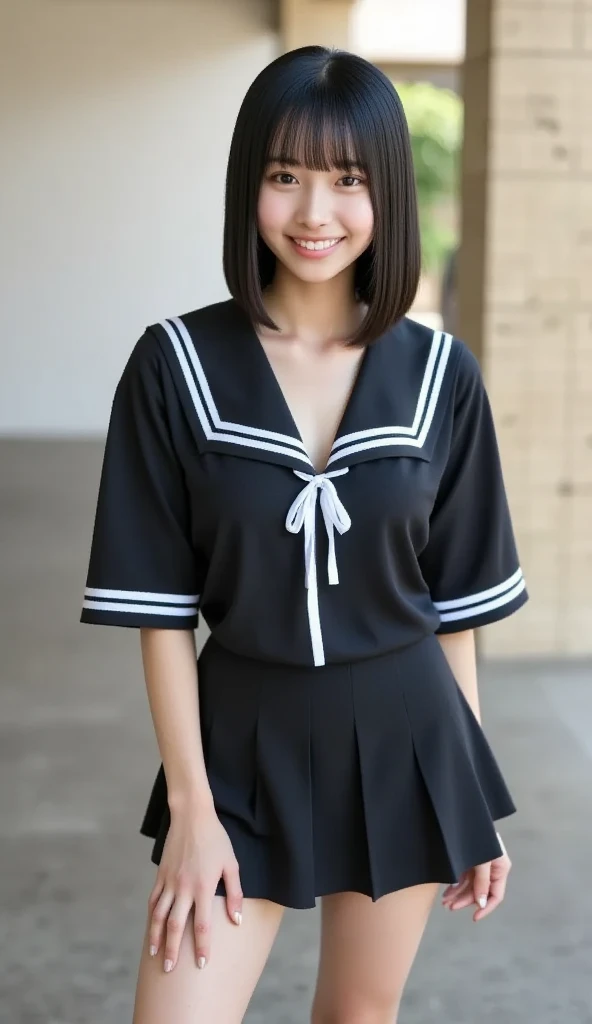 (8K、Raw photography、highest quality、masterpiece:1.2),(black haired、very short hair:1.9),show viewer,Looking at the front,erotic,白いskin,(Wearing red and beige school uniforms:1.7)、(Clothing that emphasizes the shape of your chest、publish one'skin:1.5)、(big :1.5)、slim body shape、ultra high resolution,beautiful,beautiful fece,(alone, alone、no background:1.9),whole bodyボディー,japanese woman,(Photoreal:1.37)、photon mapping,reality、(Cute with a baby face: 1.0)、(cute smile: 1.7)、(With a round face: 1.8)、radio city、Physically based rendering、depth of field rally background、photograph, (I can see your knees,close up of thighs、plaid skirt too short、Show white panties:1.4),whole body、super fine