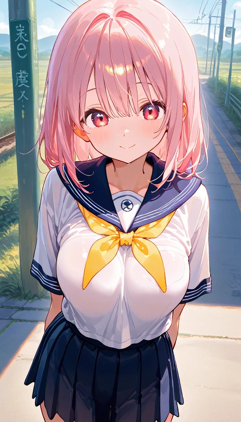 (masterpiece:1.3), (Best Quality:1.3), (Ultra-detailed:1.2), ((kawaii)), Cute, (lovely), ((sexy)), ((Extremely detailed)), 4K, (8K), Best Quality, (Beautiful), Illustration, anime style, (bold line:1.2), Gradation, looking at viewer, //, (arms behind back:1.3), (posture that makes one's chest tense), //, a cute girl, 1girl, (solo:1.2), //, (huge breasts), (Perfect eyes:1.2), (Perfect iris:1.2), //, Short hair style, Bright pink hair color, (beautiful eyes) //, (half closed eyes:1.3), (sexual expression:1.2), Fascinated expression, smile, (blush:1.2), //, (School uniform:1.2), Emphasizing cleavage, (down blouse), mini Skirt to see underwear, //, The backyard of the school, a place with an old bench, no one else around, //, gleaming skin,