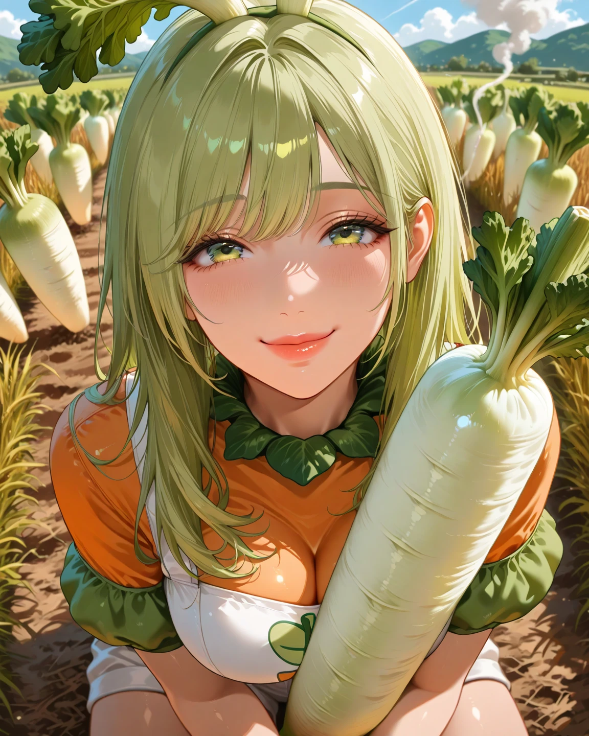 masutepiece、Ultra-high-definition digital art、(farmhouse)、girl with、brawn hair、poneyTail、pinafore、(Harvesting vegetables on the farm)、Crystal clear skin、kawaii eyes、perfect hand、intricate detailes、sharpnes、A sexy、cleavage of the breast、ssmile