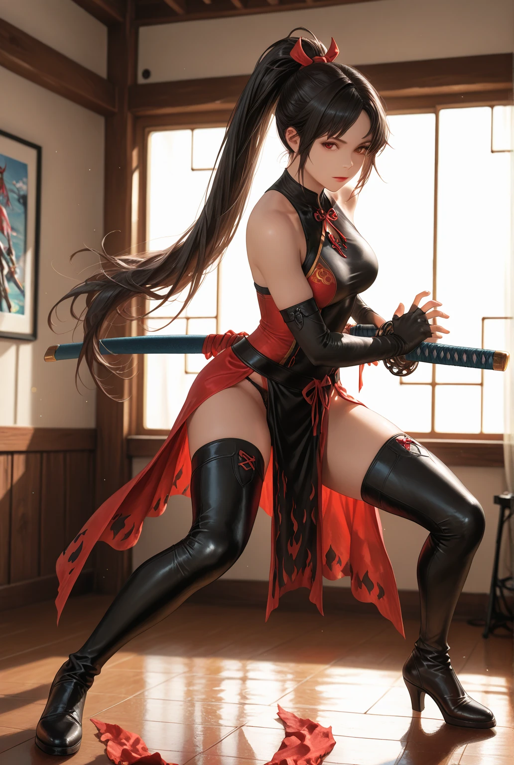 A professional portrait photo,masterpiece,top Quority,A Chinese female knight,18 years old,Black high ponytail short hair、Exquisite baby fat face,The skin is delicate and white,(((( There are knife wounds on the body,Tears and lots of blood)))),Plump and slightly fat,Cocked buttocks,(The protagonist holds a long knife),(((( Deep groove in crotch)))),(( Wearing red Tang Dynasty Mingguang armor)),At Longmen Inn,4K,art station,Surrealism,complex细节,powerful,edge lighting,Diffraction grading,RTX,AI facial depiction,AI texture,Highly realistic photos,high definition,Uncensored,Super Analysis,Surrealism,concept art,grace,Highly detailed,complex,clear focus,Suitable depth of field,f/1.8,85mm,medium shot,medium shot拍摄,(((Professionally graded))),Bright, soft scattered light,(volumetric fog),(( Delicate facial depiction)),