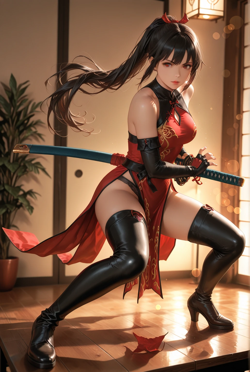 (highest quality, High resolution:1.2), Super detailed, realistic:1.37,
Japanese anime style Beauty Game「Soul Calibur 5」KUNOICHI Taki runs through with unparalleled speed. her slender figure、accentuated by a skin-tight leotard that molded every muscle and curve.。. Her voluptuous G-cup breasts and voluptuous ass sway seductively with every step she takes.. in her hands, She is holding a dagger, The edge is dramatic, cinematic lighting.
Her environment is a whirlwind of activity and intensity.