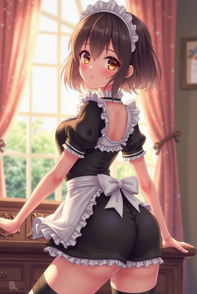 anime, beautiful face, highly detailed face, detailed perfect eyes, perfect hair, perfect lips, accurate arms, accurate hands, perfect legs, accurate footware. highly detailed background, front lighting, perfect lighting, full body, 1girl, solo, ruby hoshino, ruby, oshi no ko, heels, blonde hair, thighhighs, stockings, absurdres, high res, ultrasharp, 8K, masterpiece, looking at viewer, in a maid cafe, restaurant (sexy pose:1.2), (full body:1.3), waitress, maid mini skirt, body at an angle from viewer, looking back over her shoulder, view from behind, ass view, reverse cowgirl position, riding position, cowgirl position, revcowgirl, beautiful panties, cleavage, stockings, full of delight, smiling full of compassion, blushed