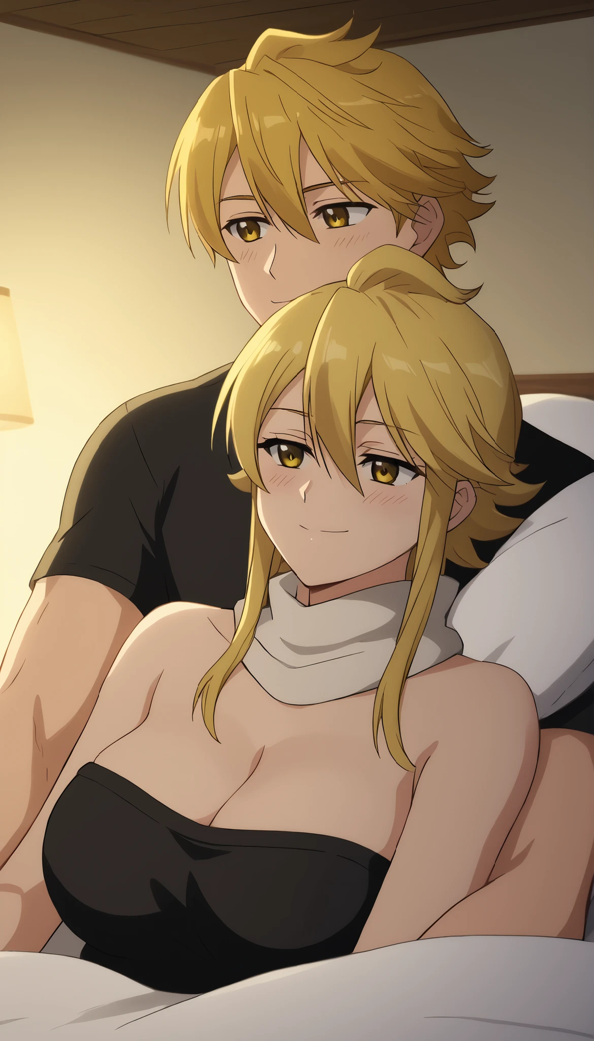 *"Couple, male and female, Leone and Arthur Pendragon, sleeping on a bed, Leone being hugged from behind by Arthur, intimate cuddling, Arthur wearing black t shirt, Leone with large breasts, black tube, cleavage, smile, yellow eyes, bare shoulders, hair between eyes, anime screencap, warm lighting, cozy atmosphere, soft sheets, dimly lit room, peaceful expression, close-up shot, detailed facial features, gentle embrace, romantic mood, night time, tousled hair, Arthur's muscular arms around Leone, slight blush, subtle smirk on Arthur, tousled bedsheets,