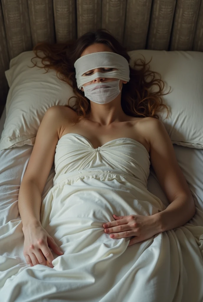 a beautiful blonde woman , naked and covered from head to toe in white plastic like a mummy, sleeping and lying on a bed, She wears a gift ribbon on her head, Ultrarealistic and beautiful face, Realistic and high quality image, Excellent lighting, Full body view