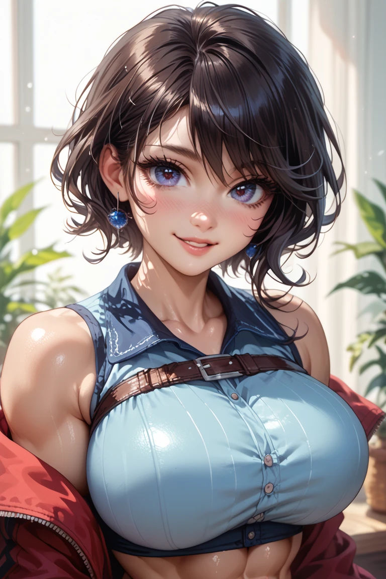 score_9, score_8_up, score_7_up, source_anime, big breasts, BREAK 1girl, solo, ,portrait, upper body, Cass, brown hair, alone, short hair, looking at viewer, big breasts, green eyes, Lips, score_9, score_8_up, score_7_up, score_6_up,