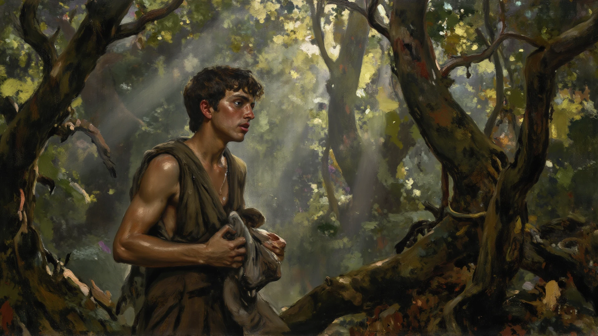 (((Pre-Raphaelite painting of an ancient poor tattered Celtic man ties a cloth to the gualho of a tree, Floresta celta)))