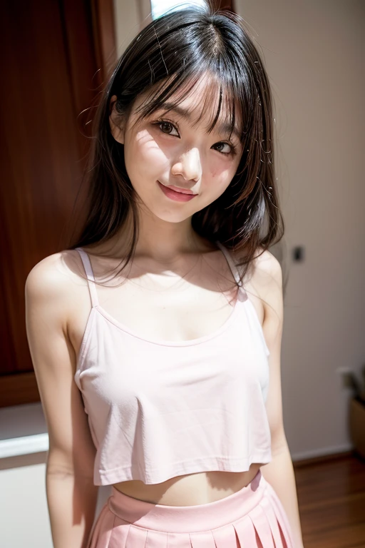(masterpiece, Highest quality:1.4), Award-winning portraits, 8K, 85mm, alone, Beautiful Face, Delicate girl, (Bedroom at night), Sophisticated, cute, 15 years old, RAW Photos, Confused, High resolution, Sharp focus, Background Blur、(((Flat Chest 、thin and delicate body、Childish atmosphere)))、shiny semi-long hair、ponytail、I have a small mole on my left cheek、 Dark brown eyes、sexy、flexible legs、Knee Shot、Smile shyly、Shot from below、Are sleeping