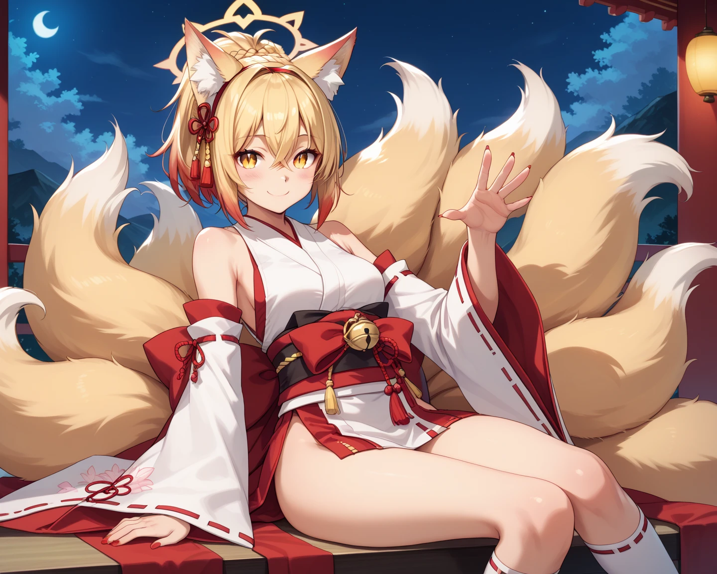 highest quality、Smirking face、Small breasts、Panty shot、Open back、Fox ears、Long blonde、Red Eye、kimono、Japanese-style room