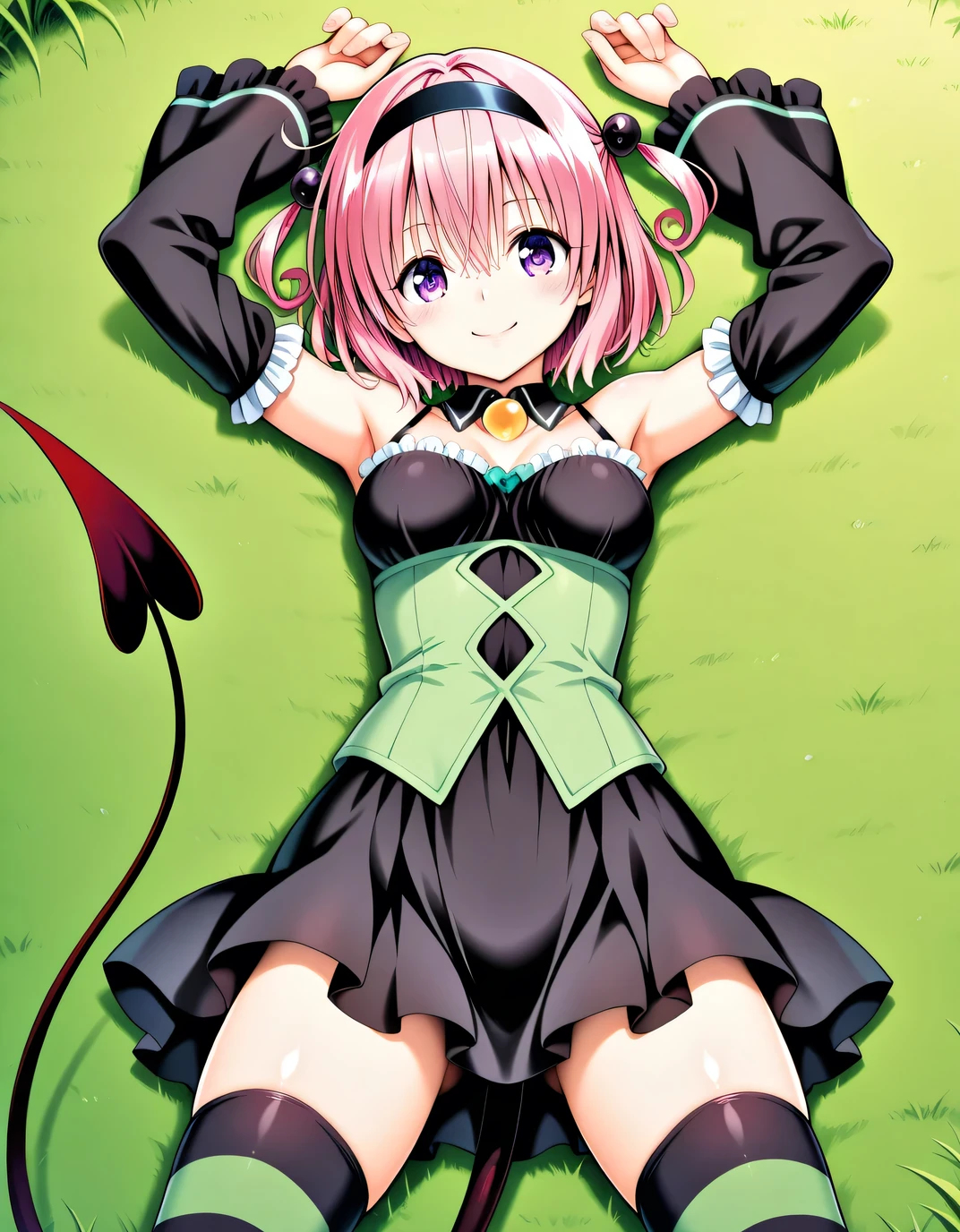 aamomo, short hair, pink hair, two side up, black hairband, purple eyes, medium breasts, demon tail, detached collar, bare shoulders, frills, black dress, green shirt, detached sleeves, striped thighhighs, anime screencap, shiny skin, high quality, solo, lying, on back, arms up, legs apart, closed mouth, on grass, cowboy shot, looking at viewer, smile, best quality