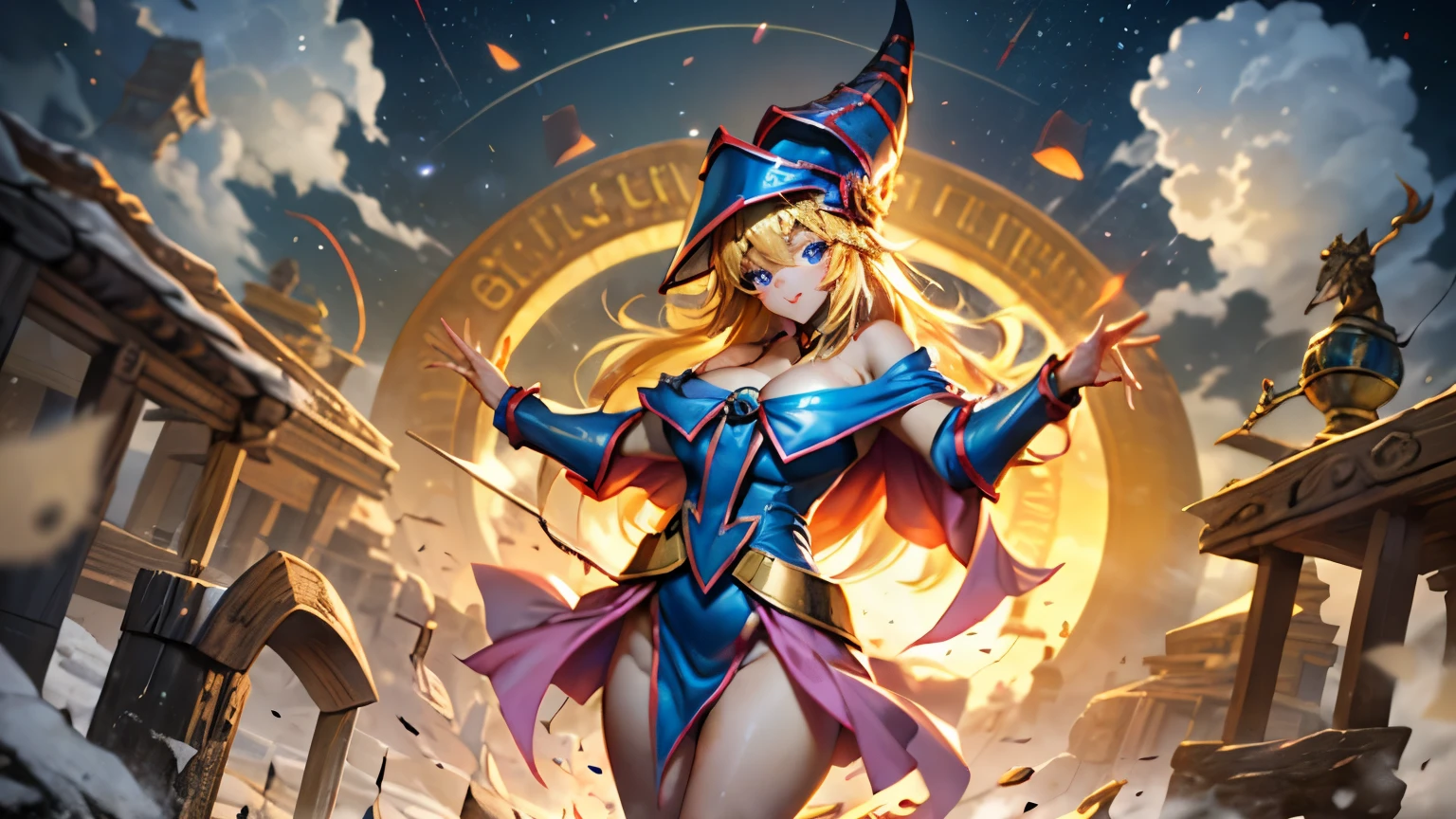 Ultra detallado una dark magician gils. Levitating and with a magic circle in the background. Ojos azules. Labios rojos. Pelo rubio. Seductive look and dreamy smile. Pose sensual y y. Fondo de magia
