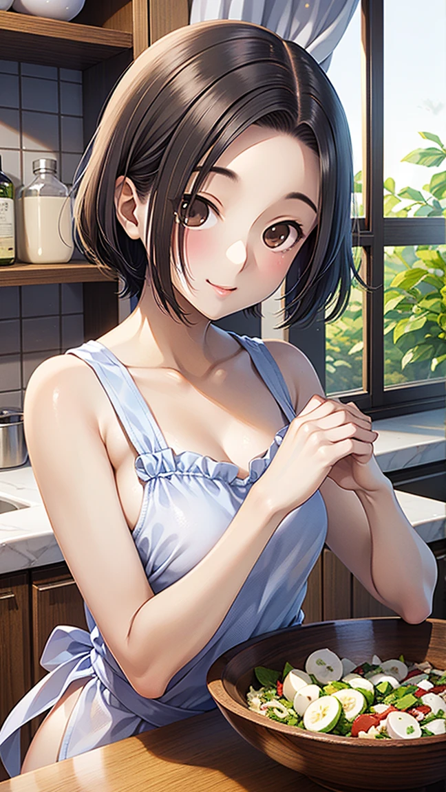 a girl 18yo old,(dynamic angle:1.3, breast focus:1.0, from above:1.1), (dynamic posing:1.2, sexy posing:1.3, leaning forward), (seductive smiling:1.3),masterpiece, (pointed chest:1.3),(double breasted:1.2,under bust:1.2), Amazing Cleavage:1.3, thin waist, Raised sexy, small breast: 1.2 posed cleavage:1.2, open mouth, have a grass of beergrass,black hair, blue eyes, bare shoulders, jewelry, collarbone, sidelocks, hairband, earrings, indoors, red dress,off shoulder sweater dress, arms behind back, short hair with long locks, white hairband, big side hair, very long side hair is rendered in (masterpiece: 1.2, best quality), with (ultra high resolution) and an exquisite (depth of field). This masterpiece is not only visually stunning but also tells,A scene of cooking in the kitchen, looking at viewer,