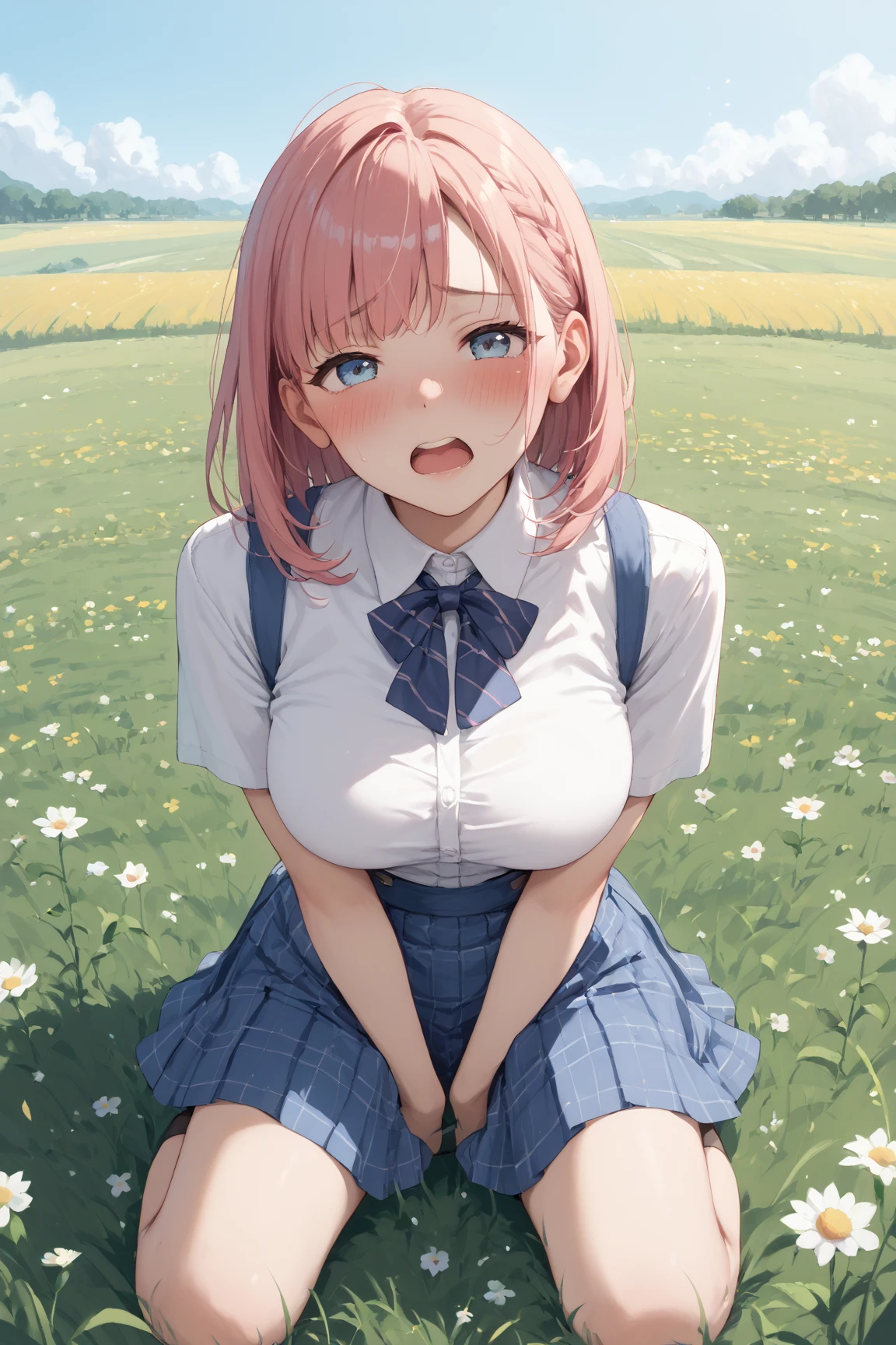 best quality, masterpiece, highres, solo,(mature female, milf:1.4), looking at viewer, nakano nino, pink hair, butterfly hair ornament, school uniform,
light smile, blush,grass, field, wariza,
<lora:quintuplets:0.8>