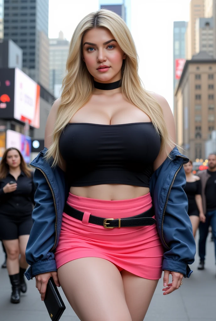 A beautiful blonde haired blue eyed woman resembling like Anna Nicole Smith, 21 years old, with an extremely humongous bust, wearing a purple shirt and denim trousers, angry and walking through a feminist riot in the streets of Lyon, photorealistic, 8k, highly detailed, dramatic lighting, cinematic composition, elegant fashion, glamorous, intricate details, hyper realistic