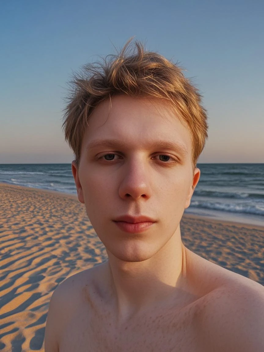 taking selfie, selfie shot pov, young man, blonde hair, blue eyes, ciginmouth, shirtless, beach, hot handsomeness ,beautiful lips,natural lips