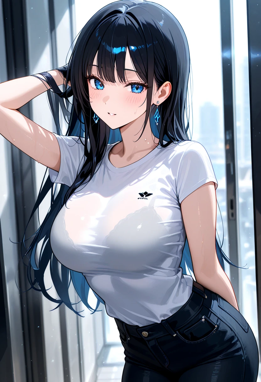 (8K、Top image quality、top-quality、masterpiece)、A detailed face、1 girl in、A dark-haired、ponytail、light blue eyes、piercings、nefarious smirk、very Bigger breasts、white shirt、sleeveless、wide hips、light blue denim、long trousers、cowboy shot、POV、City background