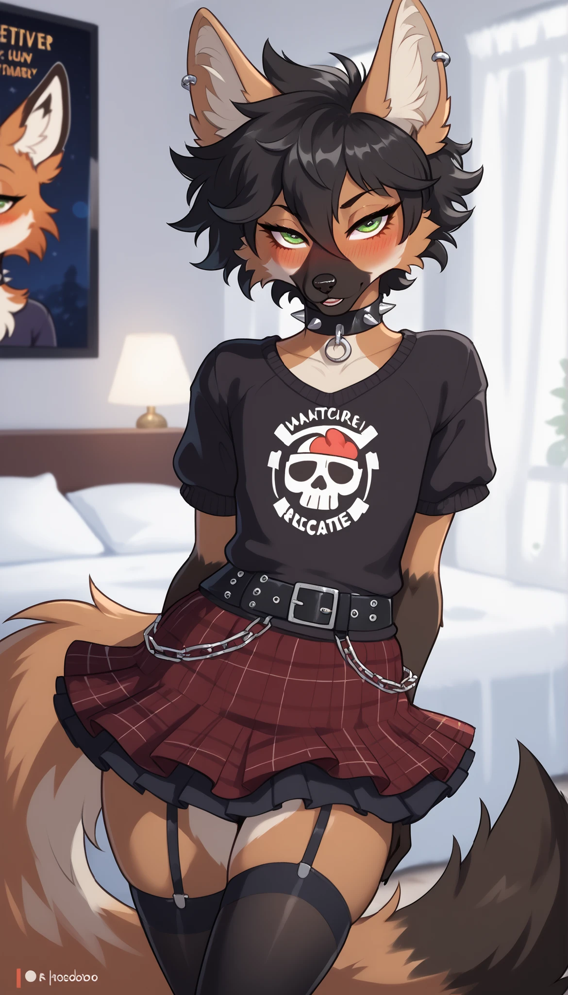 ((maned wolf)), male maned wolf, long eyelashes, dark green eyes, by Riolutiny, femboy, flat chest, neck tuft, solo, extremely detailed fur, short wavy hair, black hair, perfect skinny body, seductive, natural lighting, Fluffy fur, black spiked choker, ear piercing, ((eyes half closed)), (black oversized plain swaeter, loose sweater, sweater tucked in), X-Orange Multi-layer A-line Skirt Y2K Asian Culture Cake Skirt Spring Autumn, double eyelet belt with punk rock chain, Tutu skirt, ((black thigh high stockings)), short hair , bedroom, masterpiece, best quality, amazing quality, very aesthetic, absurdres, newest, scenery, extreme detail, 8k, detailed eyes, shy, blushing,