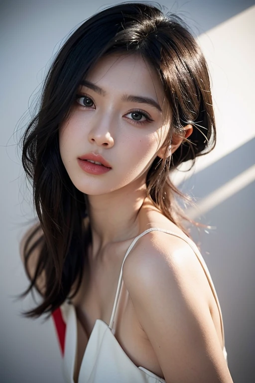 ((No NSFW)), Create a (((mid-shot))) photorealistic image of a beautiful Asian woman with fair, smooth, flawless skin. She has large, round, sparkling eyes with naturally long and curled eyelashes, and well-defined, dark eyebrows. Her nose is straight and high, and her naturally pink, soft lips form a gentle smile. She has short, slightly curled brown hair that highlights her delicate facial features. Her face is oval-shaped, with a wide and high forehead, moderately high cheekbones, and a pointed, slender chin. She is wearing a light grey bra that complements her elegant and feminine appearance.