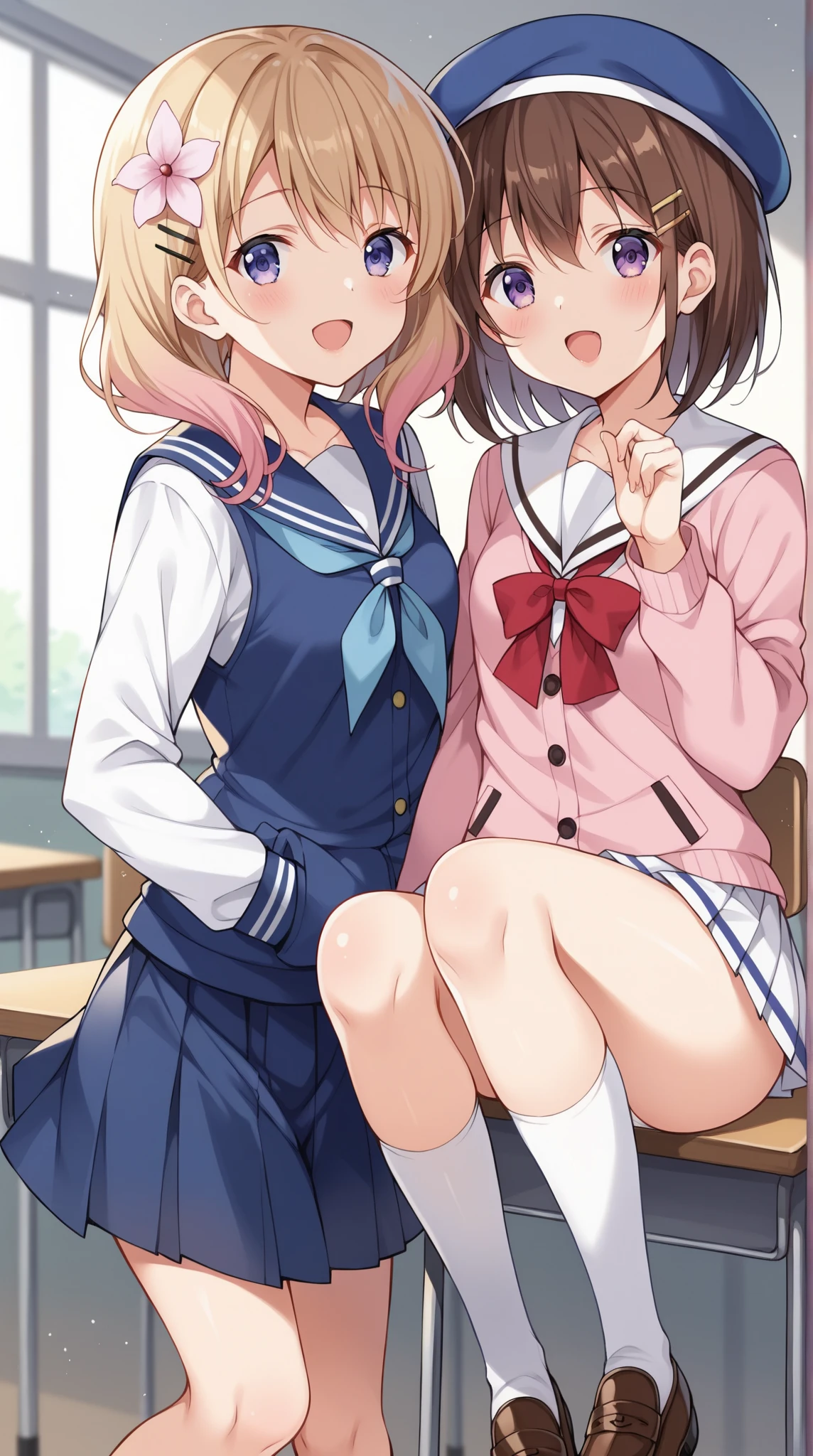 masterpiece,ultra detail,best quality,2girls,against wall serafuku,navy plits skirt,smile,blush,side view,girl pinned against wall,hug,kissing,NSFW,huge breasts