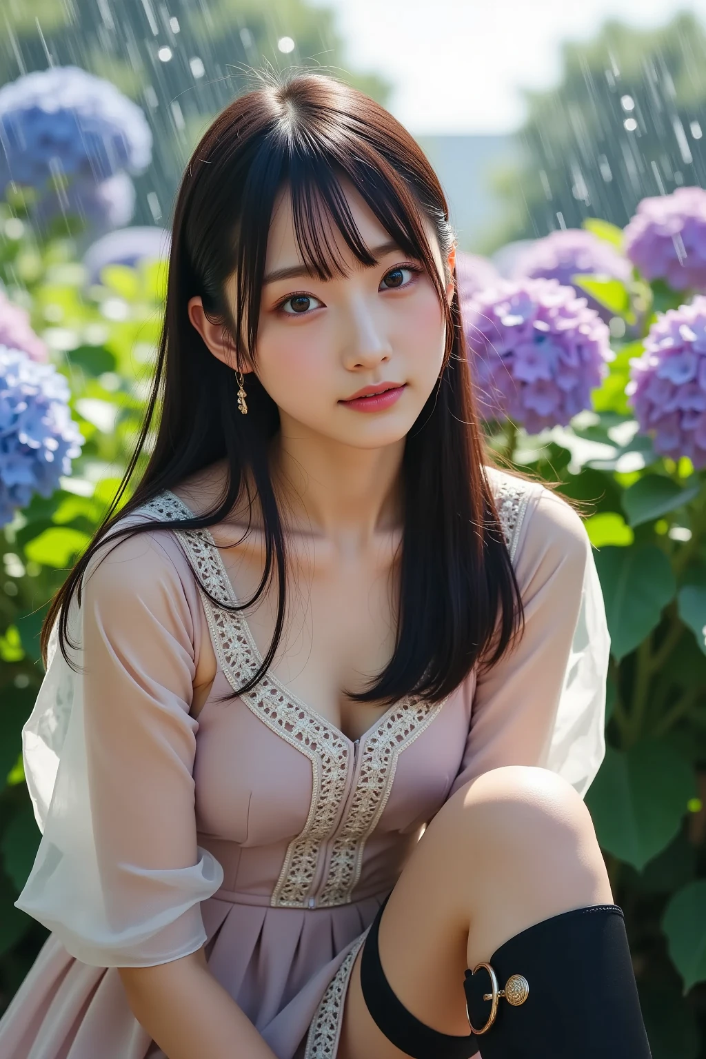 a beautiful japanese girl, very cute high school girl assassin, detailed portrait of innocent 16 year old virgin, in the withered meadow, off-shoulder silver breastplate, purple long maxi-skirt, purple arm cover, silver booties, (full body, plopping down to a sitting position, surrender:1.2), (blush, cry, open mouth:1.2), cold sweat, body soaked in sweat, translucent skin, tears streaming, beautiful small breasts and nipples, cleavage, glossy straight medium black hair, asymmetrical bangs, ((best quality, 4k, 8k, highres, masterpiece, ultra-detailed, realistic, photorealistic, photo-realistic, intricate detail, highly realistic:1.3)), dramatic lighting, muted color palette, cinematic composition, emotional portrait